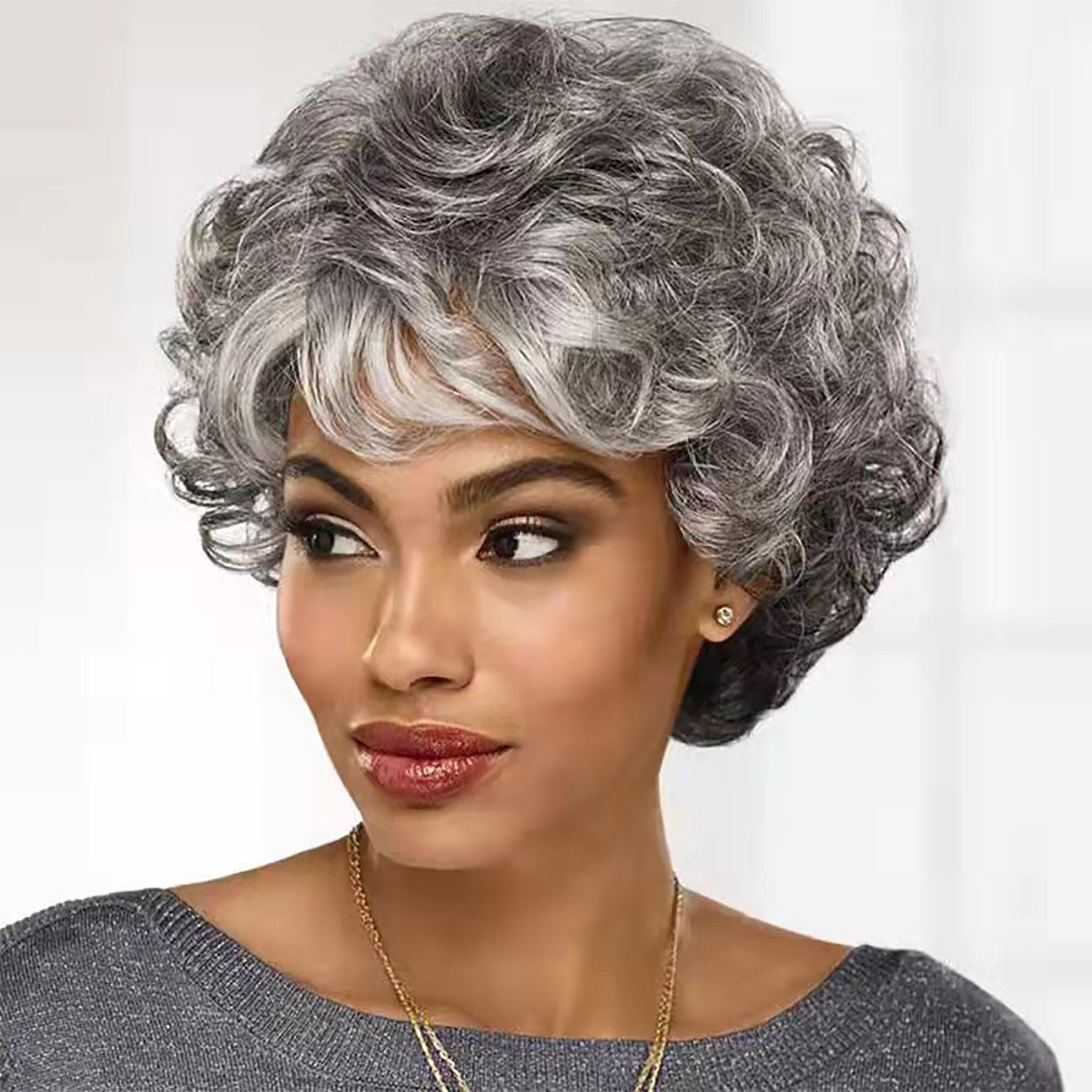 Short Grey Wavy Wig Puffy Wavy Wig With Bangs Short Etsy UK