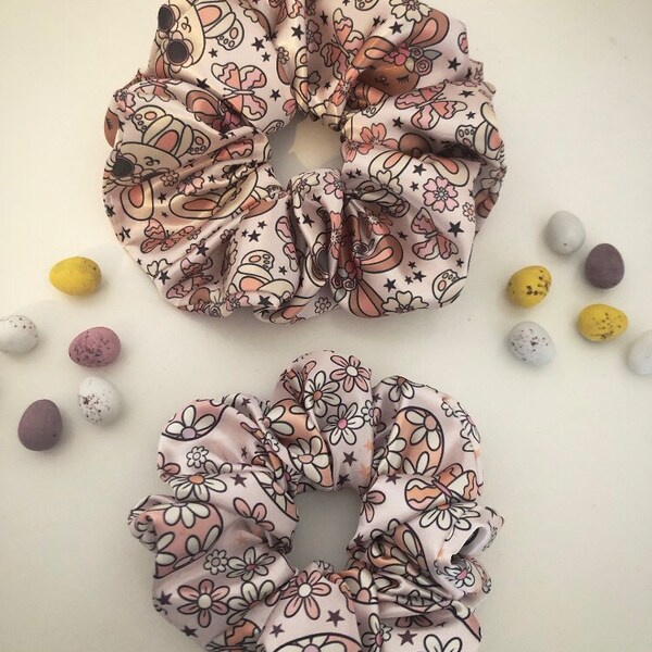 Set of 2 Spring/Easter Scrunchies/Bunnies & Easter eggs/Free UK Shipping/Eco-friendly/Cute Silk Satin Scrunchies/Easter Collection