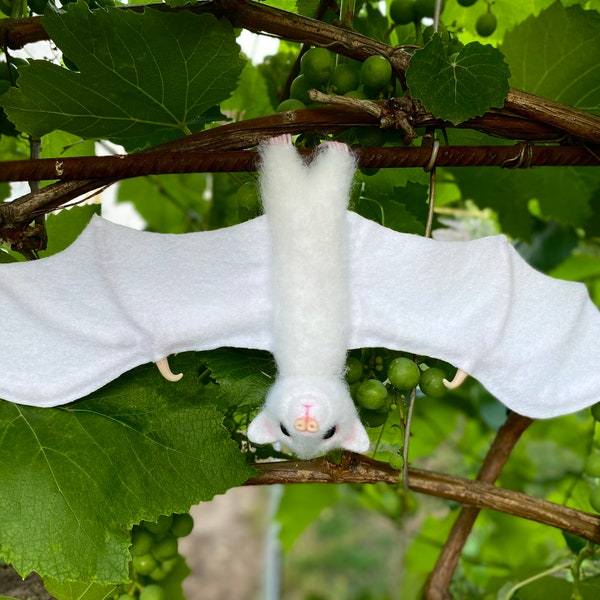 Needle felted albino bat, Felted white bat, vampire bat, flying fox bat