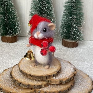 Needle felted winter mouse Felted mouse with hat and scarf Needle felting cute grey mouse Miniature Christmas wool ornament Handmade gift