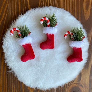 Könnte beinhalten: Drei kleine rote Weihnachtsstrümpfe mit weißem Fellbesatz, die jeweils einen Zweig grüner Kiefer und eine Zuckerstange enthalten. Sie sind auf einer flauschigen weißen kreisförmigen Oberfläche vor einem Holzgrund angeordnet.