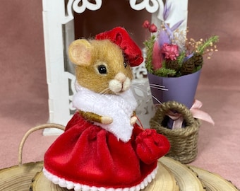 Needle Felted Mouse in Red Dress: Miniature Wool Dollhouse Animal