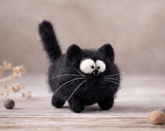 Felt black Cat, Kitten Figurine, Mini Felt Animal Sculpture
