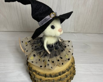 Handgefilzte Halloween-Maus Mit Kürbis - Nadelfilz Deko, 8 Cm, Weiß
