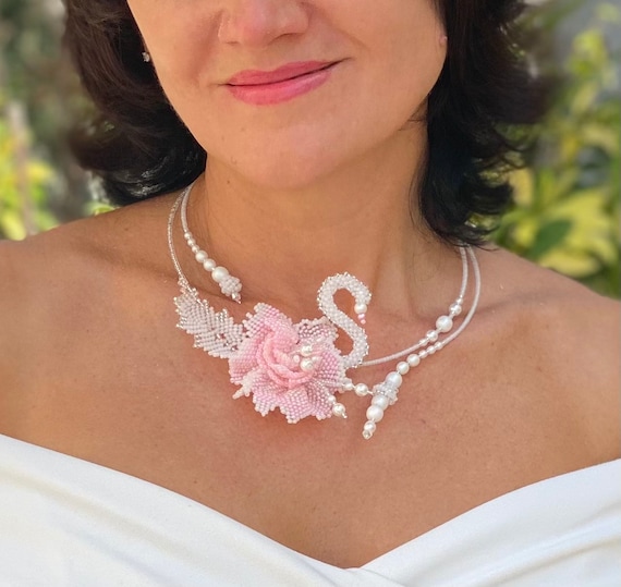 White Rose Swan Necklace Beaded Flower Statement Choker