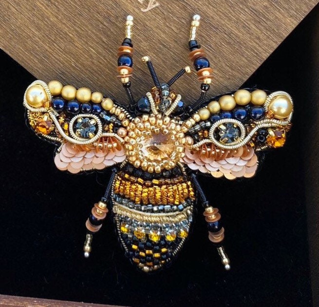 Gold Queen Bee Trendy Brooch Handcrafted With Glass Beads Gold Queen Bee Trendy Brooch Handcrafted With Glass Beads