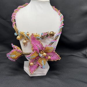 Pink & gold beaded flower choker, exotic big flower necklace , statement iris necklace , Flower Fleur-de-lis Necklace, Valentine gift.