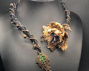 Golden rose artisan Floral necklace, Bridal Wedding Jewelry, Beaded Flower  Collar Necklace,  Statement Jewelry, Valentine Gift