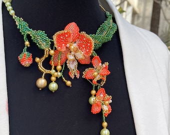 Orchid Floral Vintage jewelry set ,necklace bracelet, earrings , Scarlet  Red  Orchid Beaded Jewelry set,   Designer Wedding Jewelry