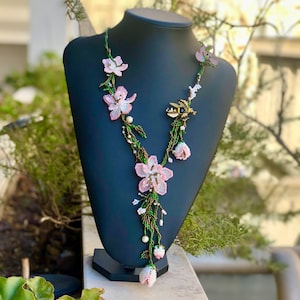 Spring flowers blossoms statement necklace, A floral arrangement for a summer choker garland ,Long beaded lariat , Holyday necklace.