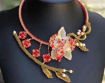 Red Statement Orchid Bib necklace, Original beadwork Floral Jewelry Set , large Crystal Beaded Collar Necklace,  rhinestone pageant jewelry.