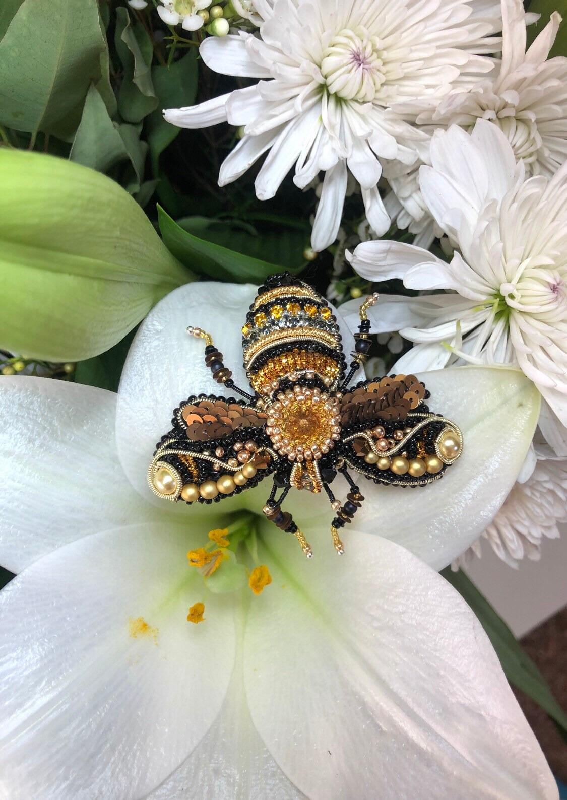 Gold Queen Bee Trendy Brooch Handcrafted With Glass Beads Gold Queen Bee Trendy Brooch Handcrafted With Glass Beads