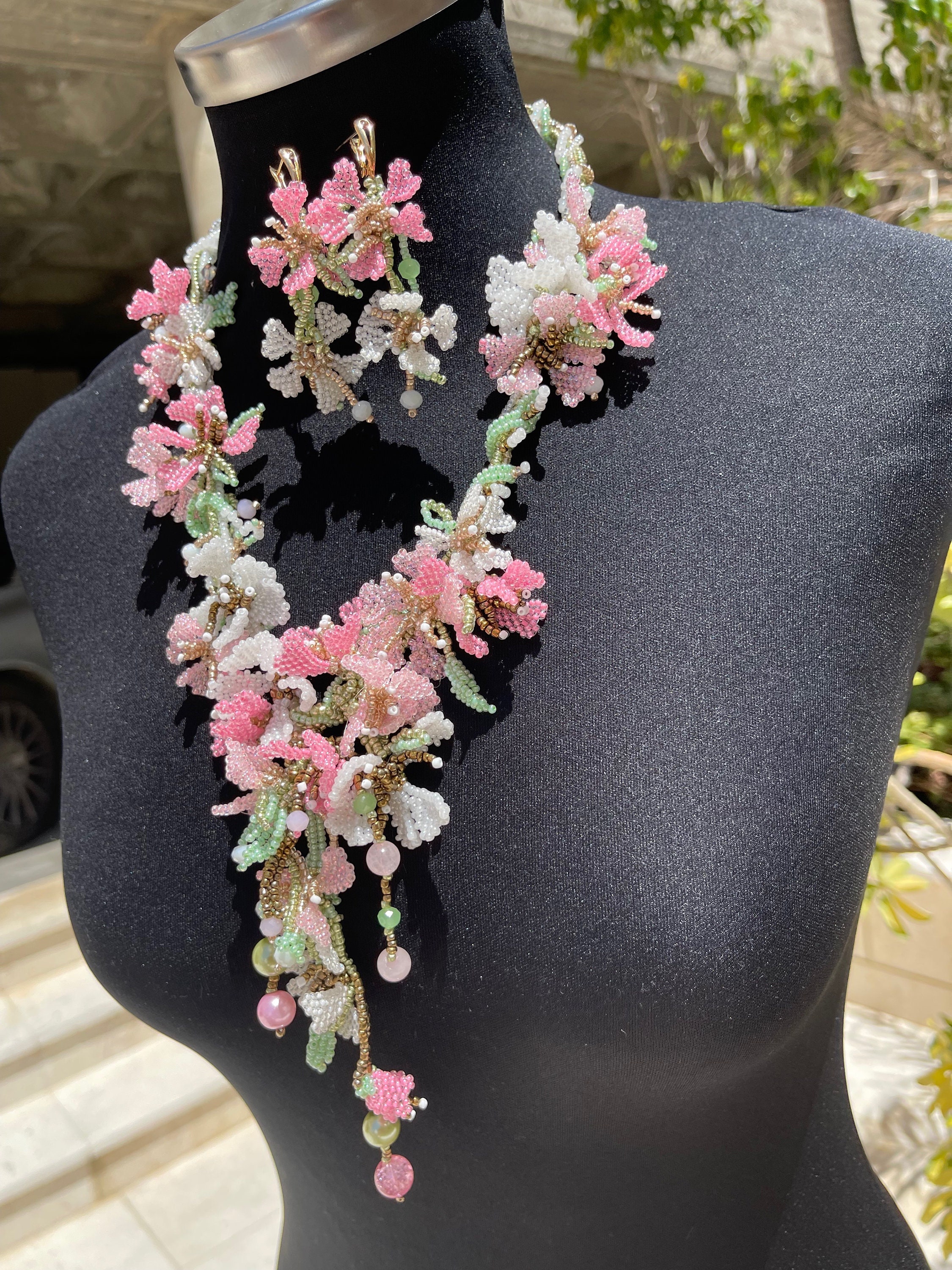 Apple blossom Floral Vintage jewelry set ,necklace, ring,bracelet, earrings, Pink, White Flowers Beaded Jewelry set, Designer Wedding Jewelr