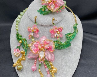 Orchid Floral Vintage jewelry set ,necklace bracelet, earrings , Pink  Orchid Beaded Jewelry set,   Designer Wedding Jewelry
