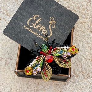 Ukrainian traditional style Cicada Moth Brooch, Insect designer pin, Crystal and Pearl Brooch , Unique Gift for her, luxury gift for mom