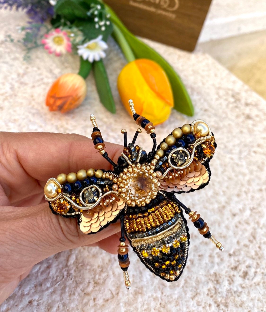 Gold Queen Bee Trendy Brooch Handcrafted With Glass Beads Gold Queen Bee Trendy Brooch Handcrafted With Glass Beads
