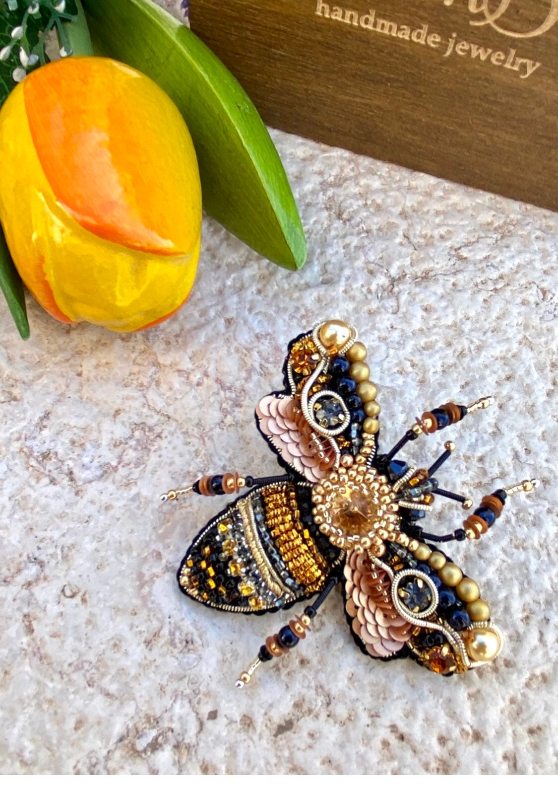 Gold Queen Bee Trendy Brooch Handcrafted With Glass Beads Gold Queen Bee Trendy Brooch Handcrafted With Glass Beads