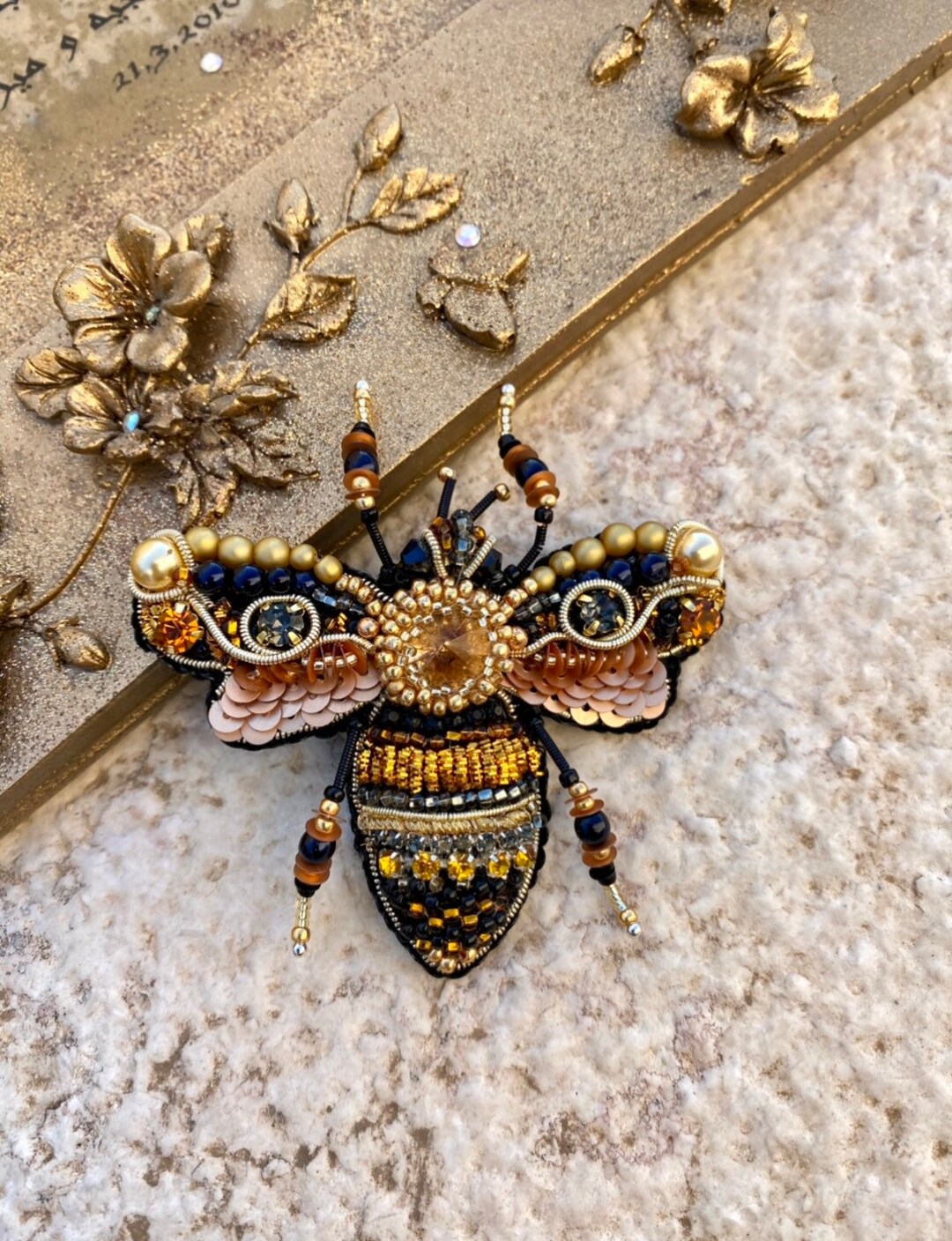 Gold Queen Bee Trendy Brooch Handcrafted With Glass Beads Gold Queen Bee Trendy Brooch Handcrafted With Glass Beads
