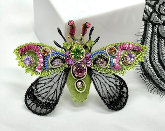 Beaded Moth Butterfly, Light Green, Pink & Purple brooch for insect lover, exotic beetle pin , beaded brooch for coat and shirt, Thin Art