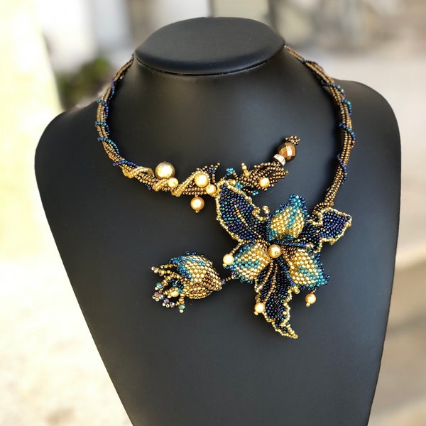 Blue & gold beaded flower choker, exotic big flower necklace , statement iris necklace , Flower Fleur-de-lis Necklace, Valentine gift.