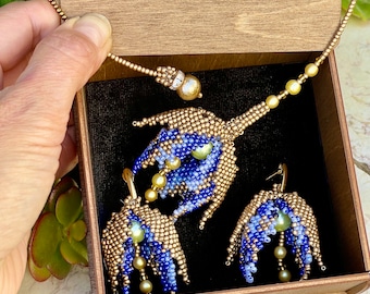 Tulip Floral Vintage jewelry set ,necklace, earrings , Cobalt Blue & Gold  Tulip Beaded Jewelry set,   Designer Wedding Jewelry