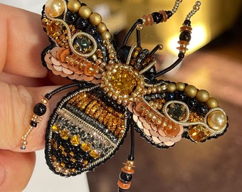 Gold Queen Bee Trendy Brooch Handcrafted With Glass Beads