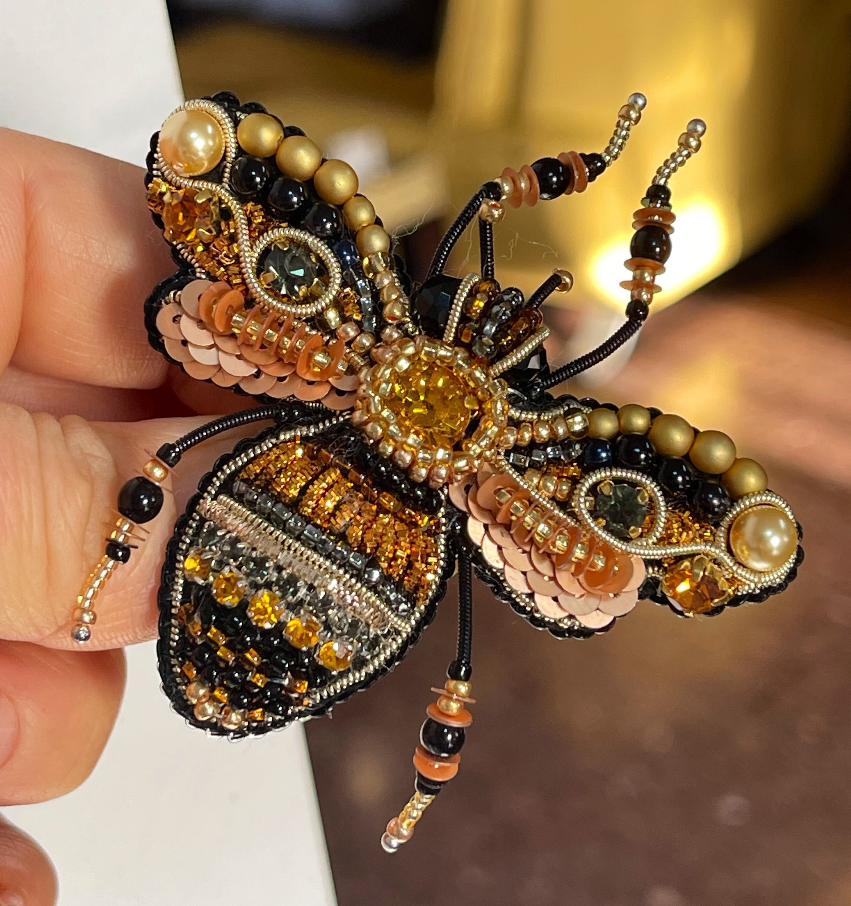 Gold Queen Bee Trendy Brooch Handcrafted With Glass Beads Gold Queen Bee Trendy Brooch Handcrafted With Glass Beads