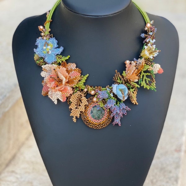 Pink, Blue, Bronze Flower garland luxury  Necklace, Ornate Statement boho beaded designer collar Choker, Handcrafted with gemstone & bea