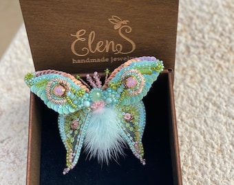Queen Luna Moon Moth brooch, Exclusive beaded insect pin, turquoise butterfly statement brooch, unique gift
