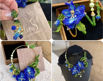 Orchid Floral Vintage jewelry set ,necklace bracelet, earrings , Cobalt  Blue Orchid Beaded Jewelry set,   Designer Wedding Jewelry
