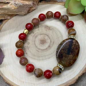 Red and brown bracelet, gemstones, agate, jasper and coral beaded bracelet, stretch bracelet