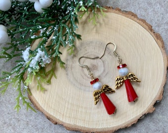 Christmas Angel earrings, Crystal, pearl and glass Angel earrings, red gold and white earrings