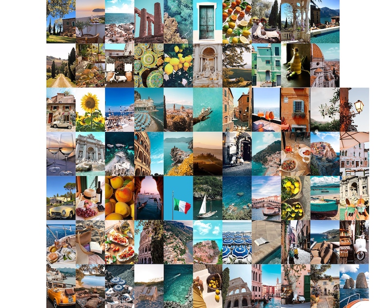 May include: A collage of images showcasing various scenes from Italy, including architecture, landscapes, food, and people. The images are arranged in a grid pattern and feature a variety of colours, including blue, green, yellow, and orange.