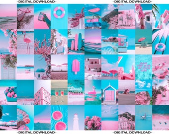 Collage Azul Rosa 50 PCS, Collage de Playa, Collage de Verano, Collage Rosa Azulado, Estética de Playa, Collage de Pared, Kit de Fotos, Collage Costero, Surf