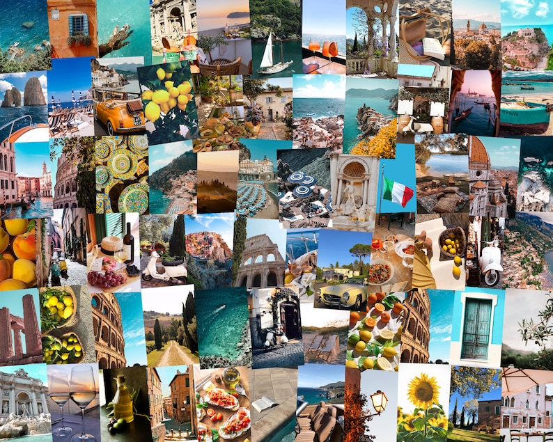 May include: A collage of images showcasing the beauty of Italy. The collage features images of the Italian countryside, beaches, cities, food, and culture. The images are arranged in a grid pattern and are all in a warm, inviting colour palette.