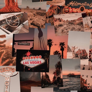 May include: A collage of images featuring desert landscapes, neon signs, and vintage cars. The images are in a warm, orange color palette and create a retro, Americana aesthetic. Some of the text in the images includes "Las Vegas", "Bonito Motel", "Santa Monica", and "Welcome to Utah".