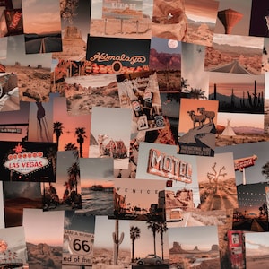 May include: A collage of vintage-style images featuring desert landscapes, neon signs, and roadside attractions. The images include a motel sign, a Las Vegas sign, a desert landscape with a cactus, and a vintage car. The collage is in a warm, orange color palette.