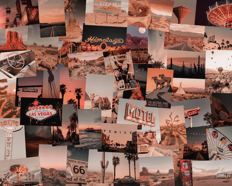 May include: A collage of vintage-style images featuring desert landscapes, neon signs, and roadside attractions. The images include a motel sign, a Las Vegas sign, a desert landscape with a cactus, and a vintage car. The collage is in a warm, orange color palette.
