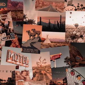 May include: A digital collage of images featuring a variety of desert landscapes, vintage signs, and retro Americana. The images include a motel sign, a desert road, a vintage gas pump, a desert landscape with cacti, and a vintage amusement park sign.