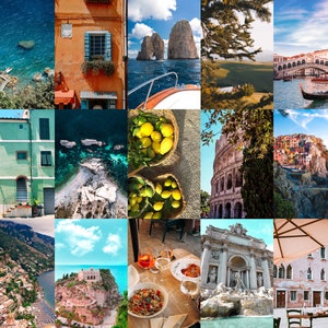 May include: A collage of images showcasing various aspects of Italy, including colourful buildings, scenic landscapes, delicious food, and iconic landmarks such as the Colosseum and the Trevi Fountain.