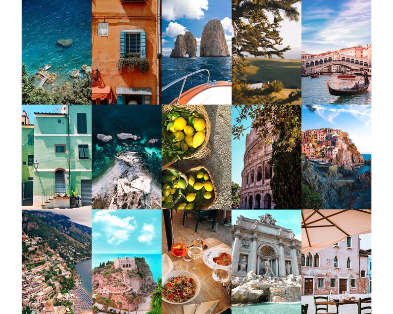 May include: A collage of images showcasing various aspects of Italy, including colourful buildings, scenic landscapes, delicious food, and iconic landmarks such as the Colosseum and the Trevi Fountain.
