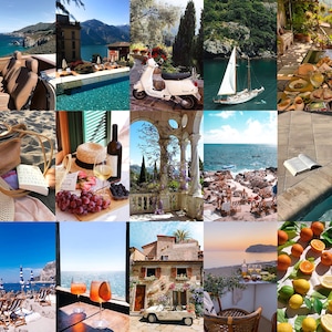 May include: A collage of images showcasing a luxurious Italian holiday. The images include a white scooter, a sailboat on the water, a pool with sun loungers, a book by the pool, a table with wine and grapes, a view of the ocean from a balcony, a beach with sun loungers, a vintage car, a table with a bottle of wine and glasses, and a bowl of oranges and lemons.