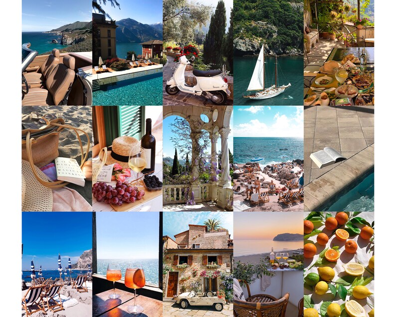 May include: A collage of images showcasing a luxurious Italian holiday. The images include a white scooter, a sailboat on the water, a pool with sun loungers, a book by the pool, a table with wine and grapes, a view of the ocean from a balcony, a beach with sun loungers, a vintage car, a table with a bottle of wine and glasses, and a bowl of oranges and lemons.