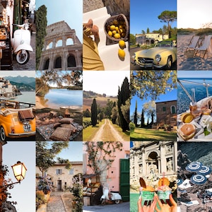 May include: A collage of images showcasing Italian culture and travel. The images include a Vespa scooter, the Colosseum, a yellow Fiat, a lemon tree, a villa, a beach, a boat, a street scene, and gelato.