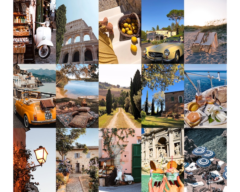 May include: A collage of images showcasing Italian culture and travel. The images include a Vespa scooter, the Colosseum, a yellow Fiat, a lemon tree, a villa, a beach, a boat, a street scene, and gelato.