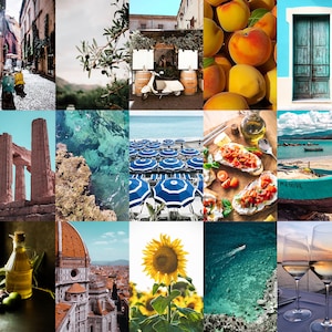 May include: A collage of images showcasing various aspects of Italy, including a cobbled street with scooters, a view of the ocean, a sunflower field, a traditional Italian restaurant, a beach with blue umbrellas, a boat on the water, a bottle of olive oil, a view of the Duomo in Florence, and a glass of white wine.