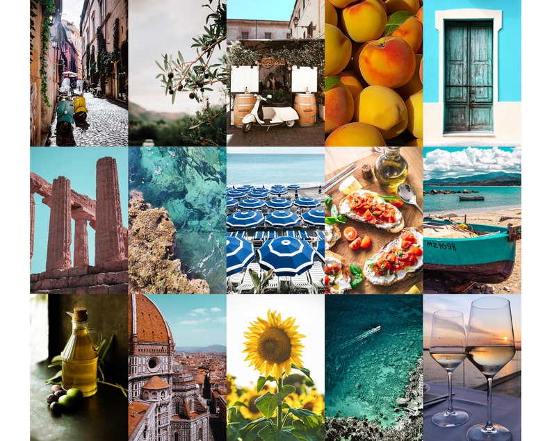 May include: A collage of images showcasing various aspects of Italy, including a cobbled street with scooters, a view of the ocean, a sunflower field, a traditional Italian restaurant, a beach with blue umbrellas, a boat on the water, a bottle of olive oil, a view of the Duomo in Florence, and a glass of white wine.