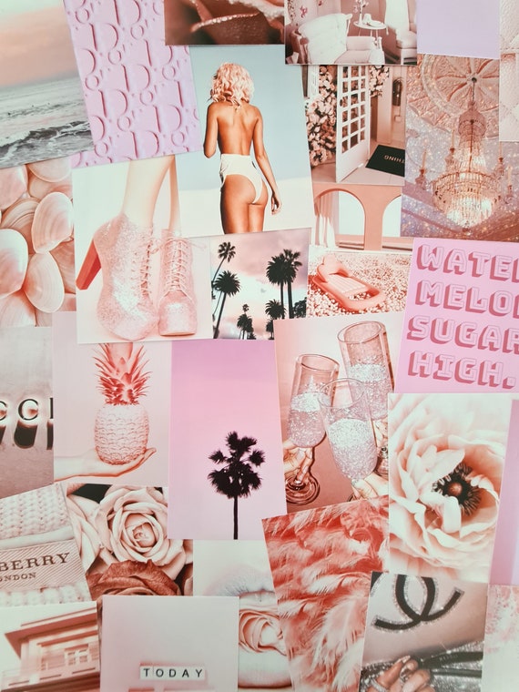 WANDIC Kit Collage Da Parete 50 Pezzi - Stile Boho Verde E Rosa + 120 Adesivi - Decorazione Per Cameretta E Regalo Per Ragazze