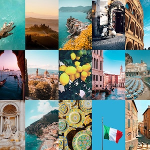 May include: A collage of images showcasing various aspects of Italy, including a view of the Colosseum, a canal in Venice, a lemon tree, a beach with umbrellas, and a cityscape.