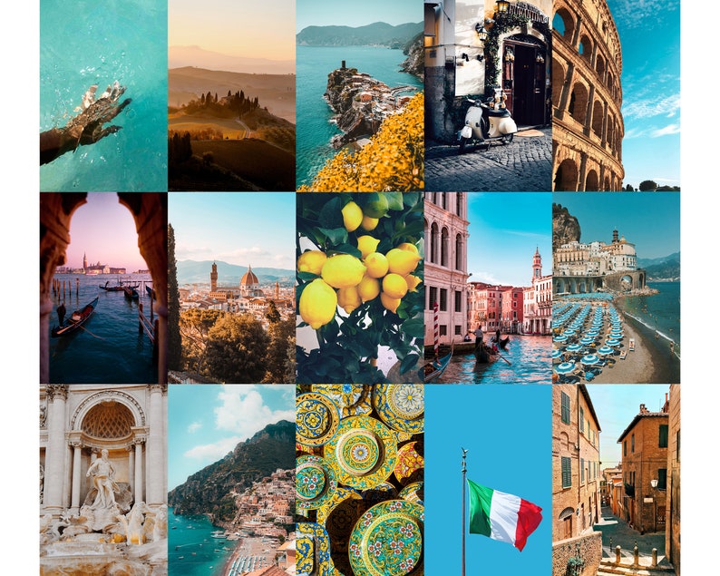 May include: A collage of images showcasing various aspects of Italy, including a view of the Colosseum, a canal in Venice, a lemon tree, a beach with umbrellas, and a cityscape.